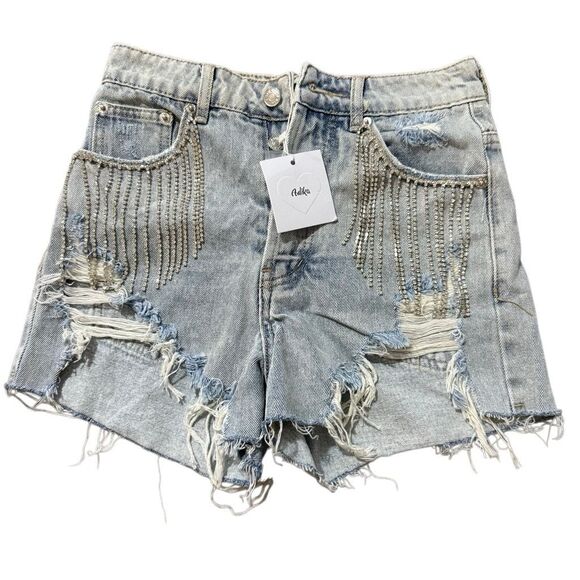 Adika blue button fly distressed rhinestone shorts size XS - Picture 1 of 4
